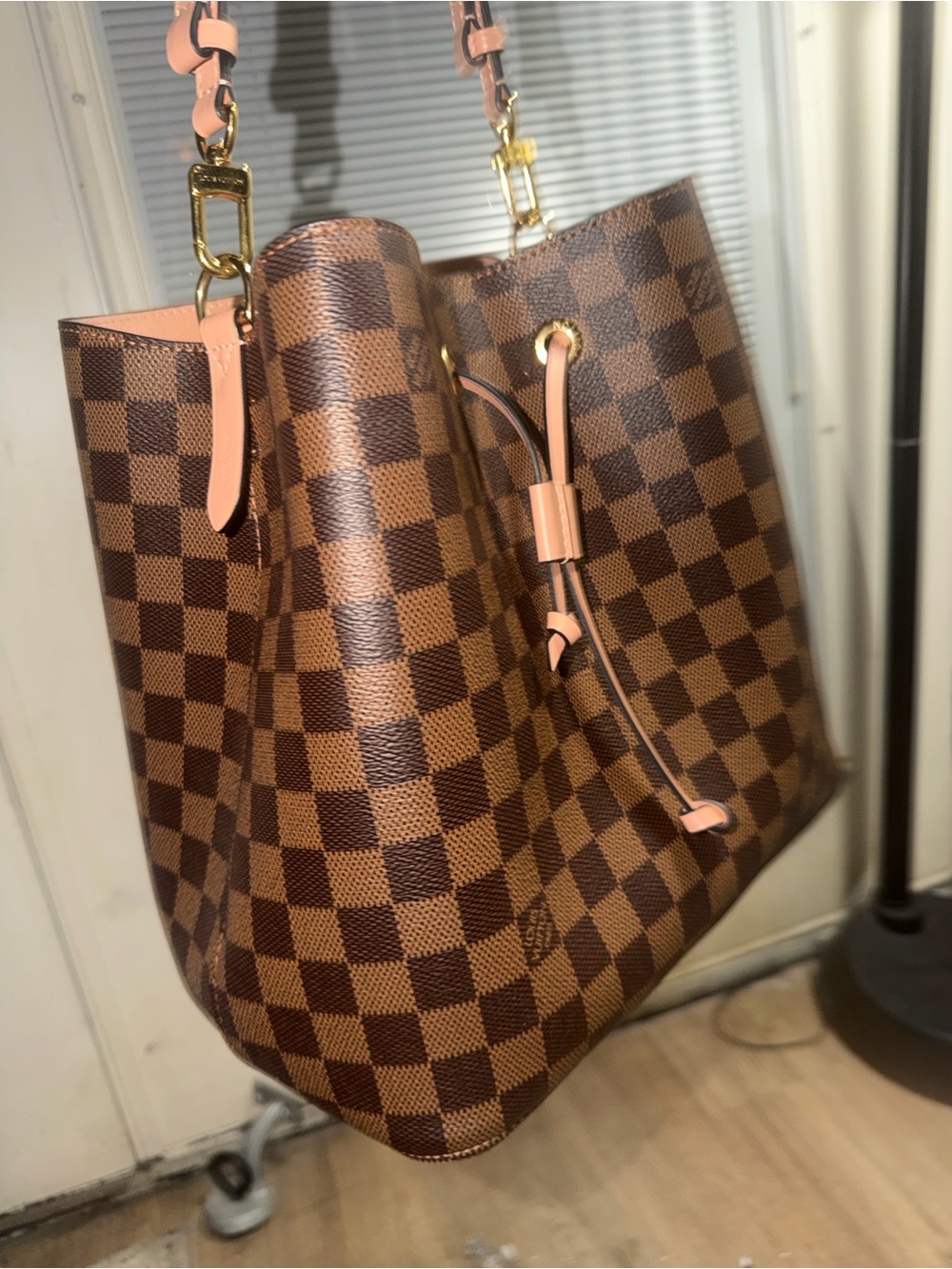 Louis Vuitton Brown Checker Canvas Tote with Pink Trim. COA INCLUDED